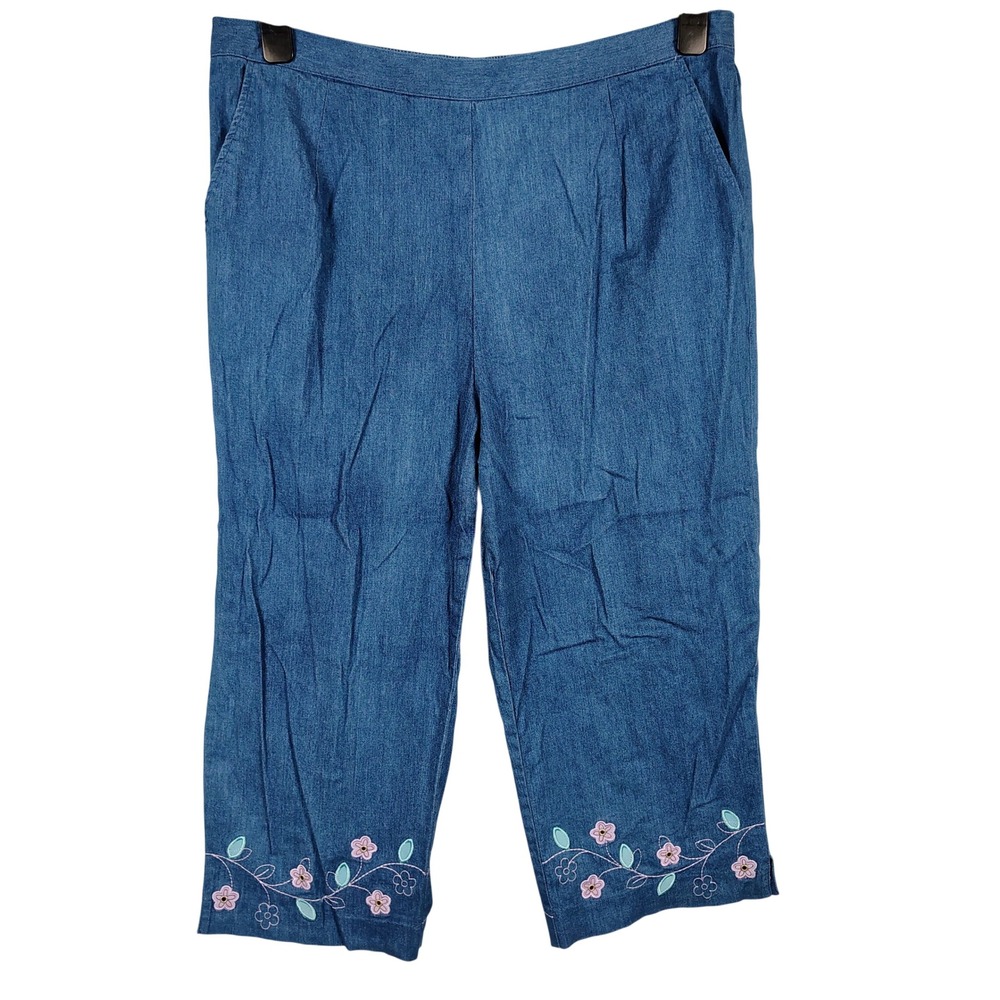 Alfred Dunner Womens 16W Embroidered Capri Pants Blue Cotton Cottagecore